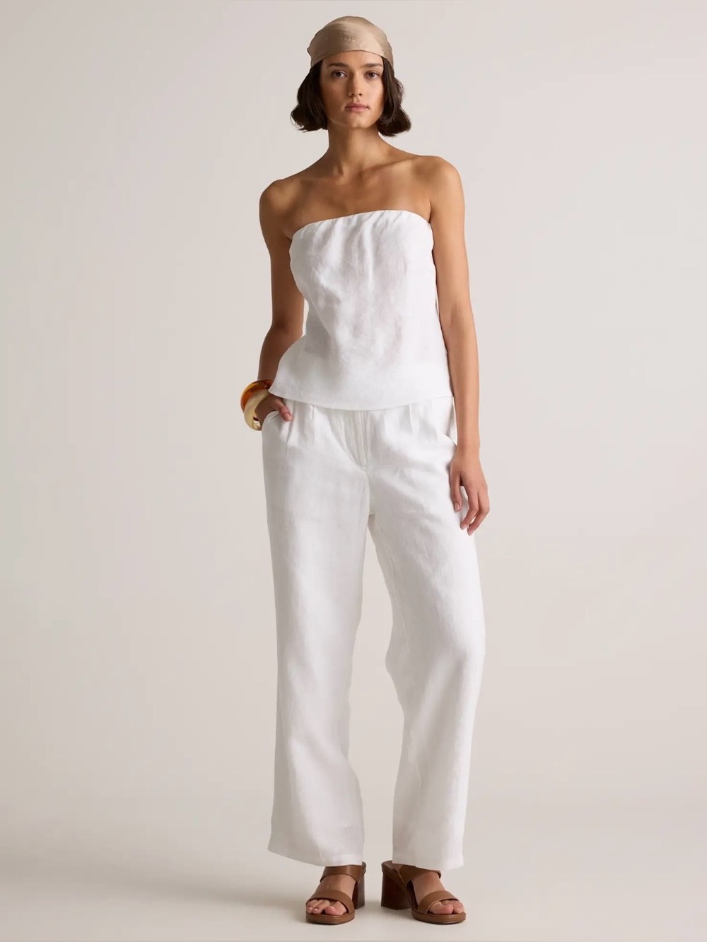 Two Piece Set: White Linen Sleeveless Top & Flowy Pants